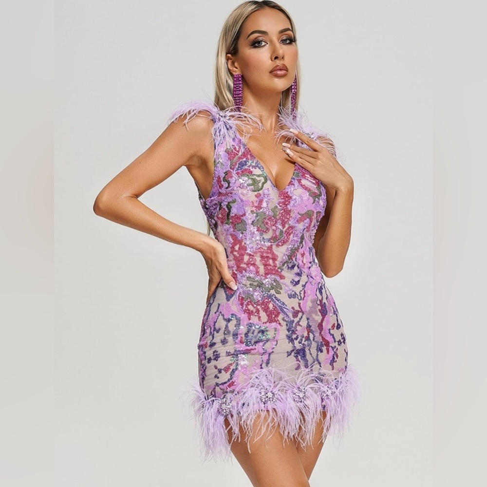 Purple Feather Dress Floral Sequin Dress - Size L